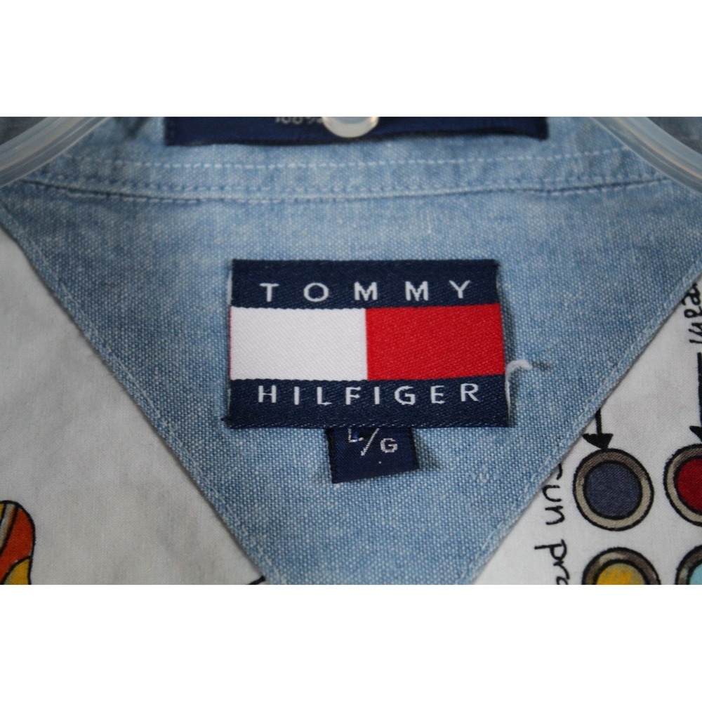 Vtg Tommy Hilfiger Nautical All Over Print Shirt Large Cotton Button Collar 90's - Picture 3 of 8